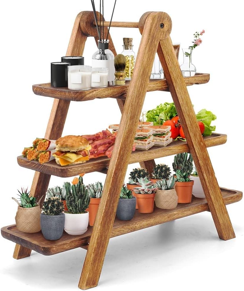 Manspdier Wood 3 Tier Serving Tray Three Tiered Serving Stand, Rectangle Serving Platter Wooden Farmhouse Tiered Tray, Party Serving Brown decorative tray tray decor