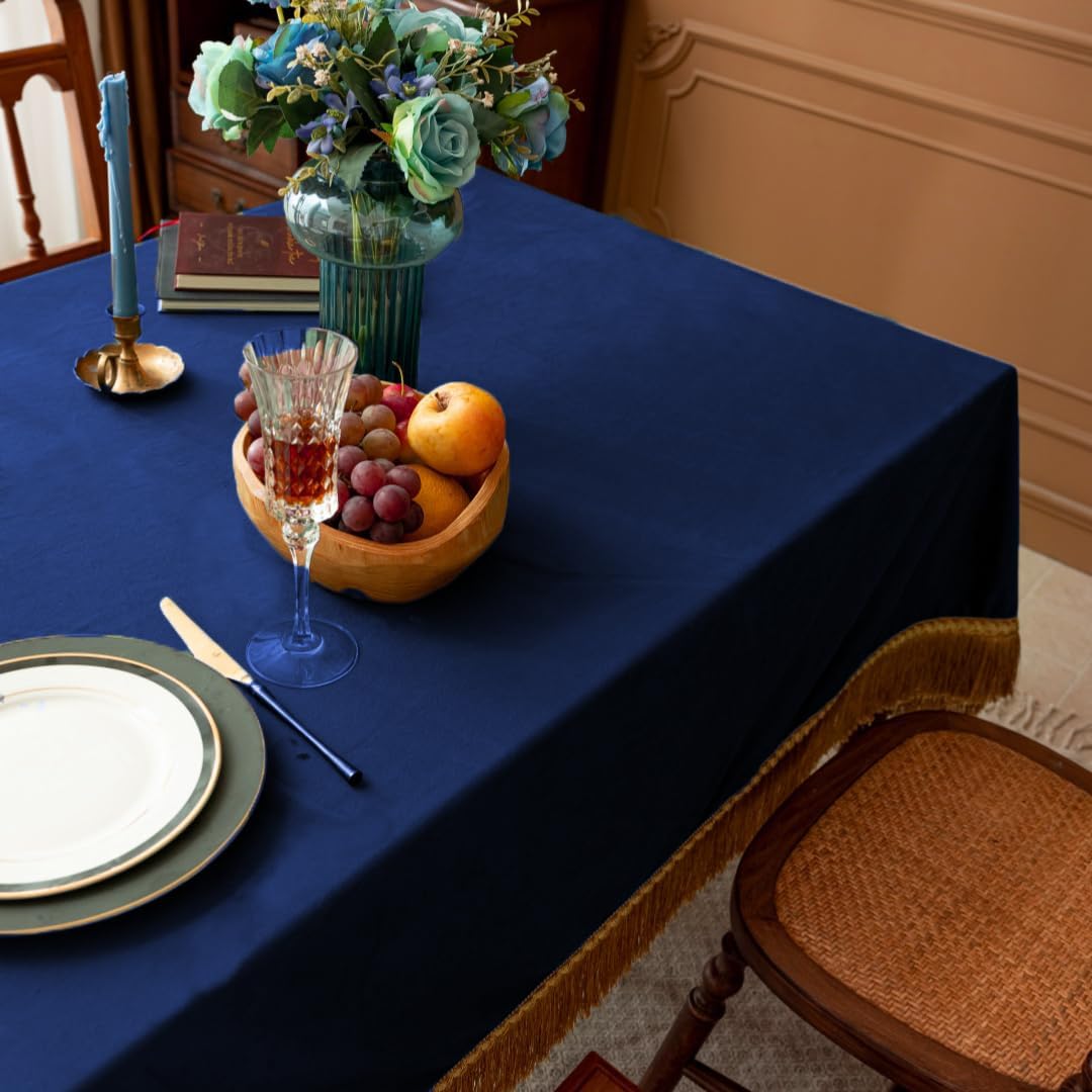 F-CHU Blue Tablecloth Thickset Velvet Tablecloth with Beautiful Gold Tassels Vintage Table Cloth for Home Decor Wedding, Party, Banquet and Events 60x60-Inch