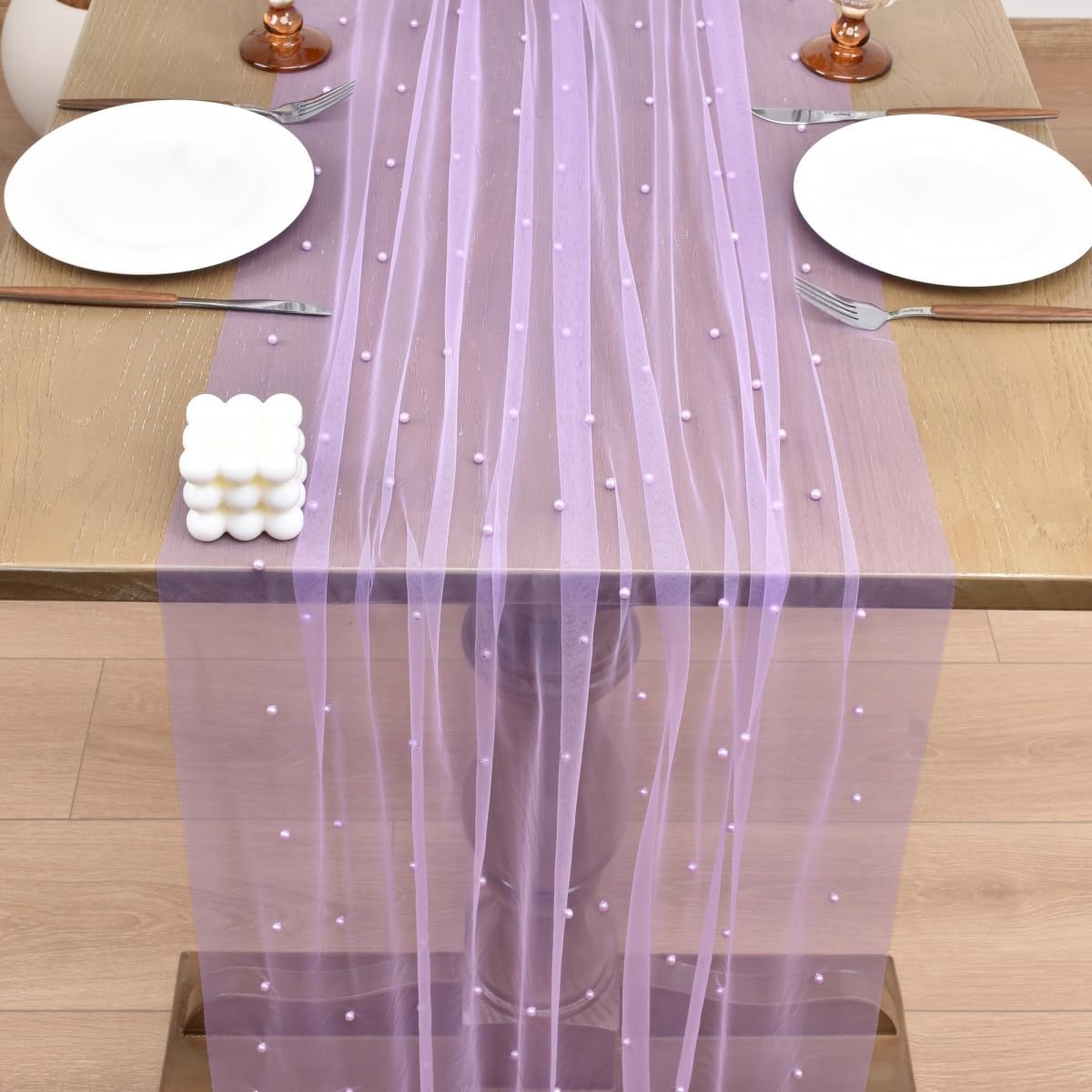 Joanlody Fall Pearl Table Runner 10ft Rustic Boho Tulle Table Runner with Pearls for Baby Shower Wedding Party Veil Dessert Thanksgiving Table Decor Lilac