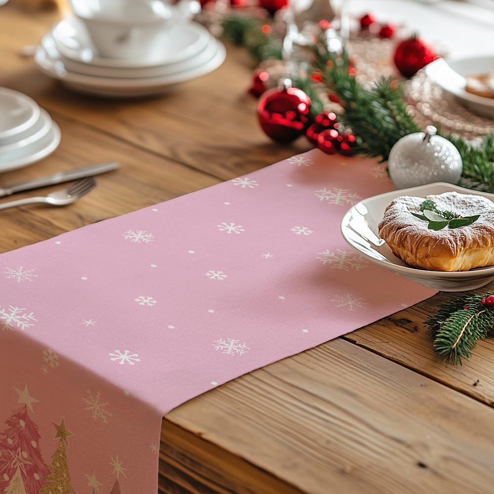 GEEORY Christmas Table Runner 13x60 Inch, Xmas Trees Snowflakes Holiday Decorative Farmhouse Table Decoration for Kitchen Dinning, Indoor Outdoor Dinner Party Decor (Pink) GT153-60