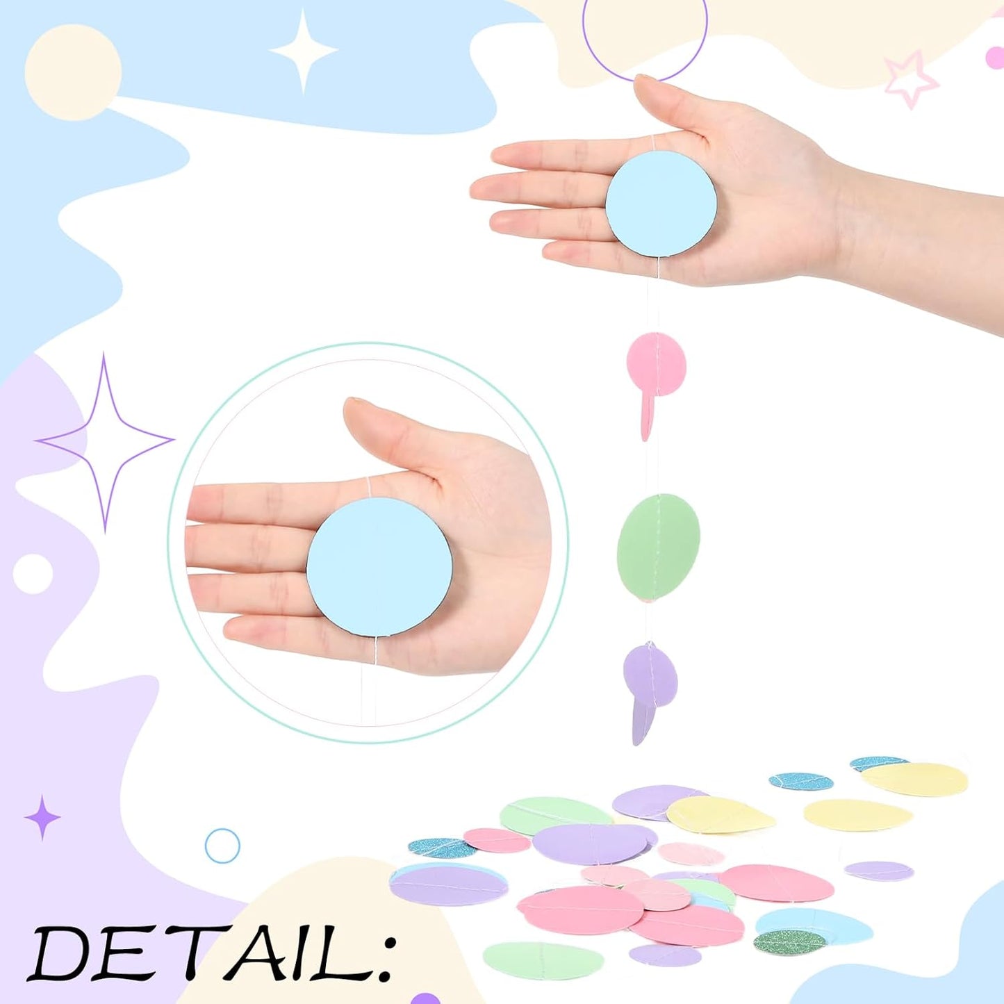 Outus 10 Pieces Colorful Dots Paper Garland Round Glitter Garland Hanging Confetti Streamers Backdrop for Candy Birthday Classroom Halloween Trunk or Treat Car Decoration (Pastel)