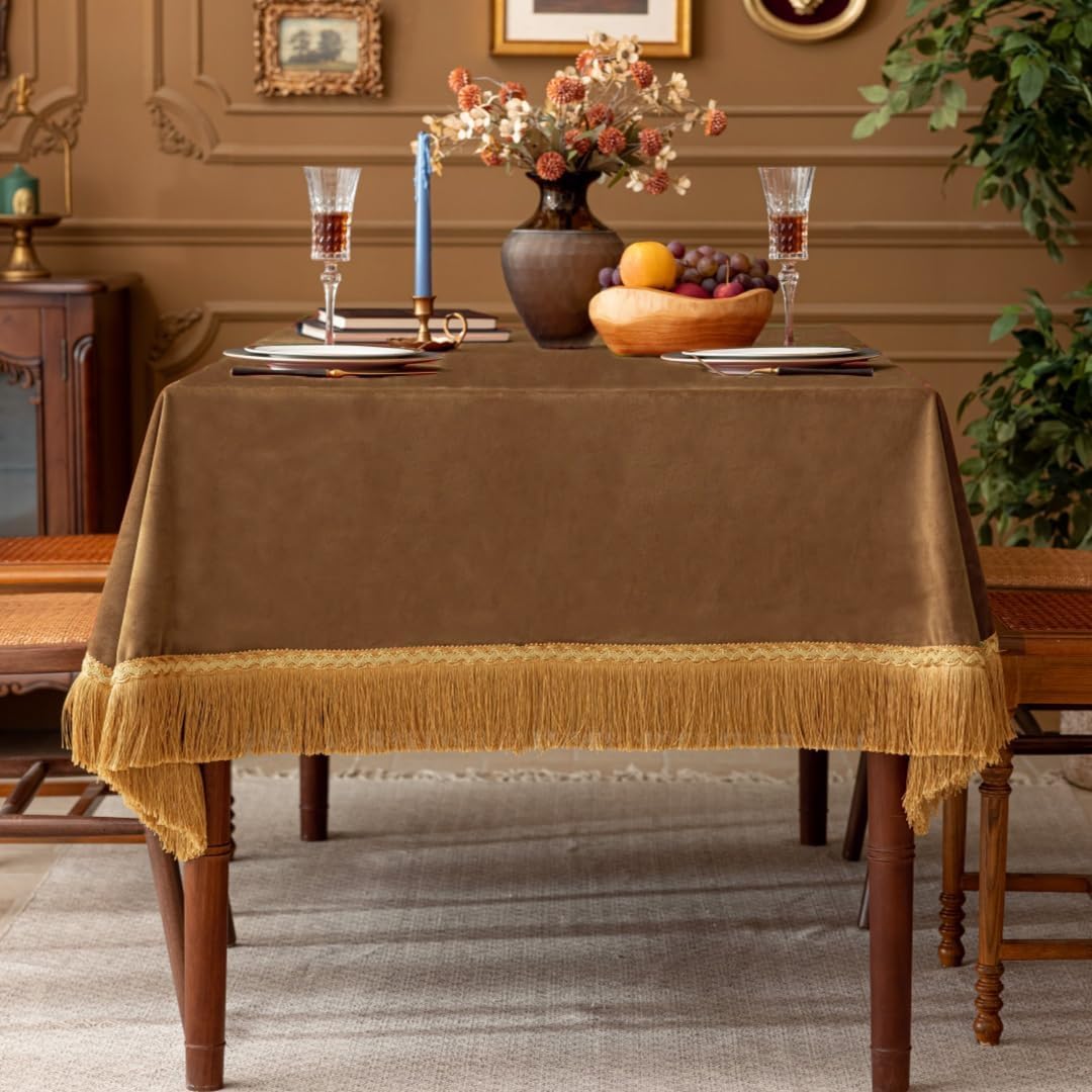 F-CHU Luxury Camel Tablecloth Thickset Velvet Tablecloth with Beautiful Gold Tassels Vintage Table Cloth for Home Decor Wedding, Party, Banquet and Events 67x120-Inch