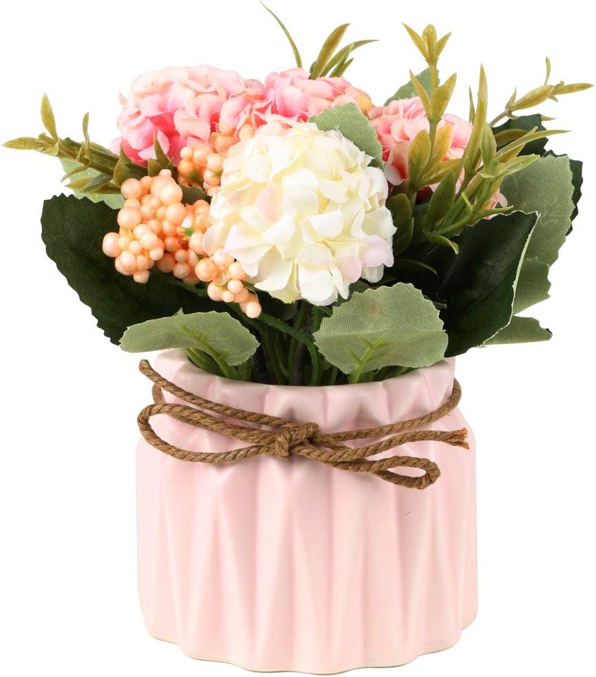 Artificial Hydrangea Bouquet with Small Ceramic Vase Fake Silk Variety Flower Balls Flowers Decoration for Table Home Party Office Wedding (White)