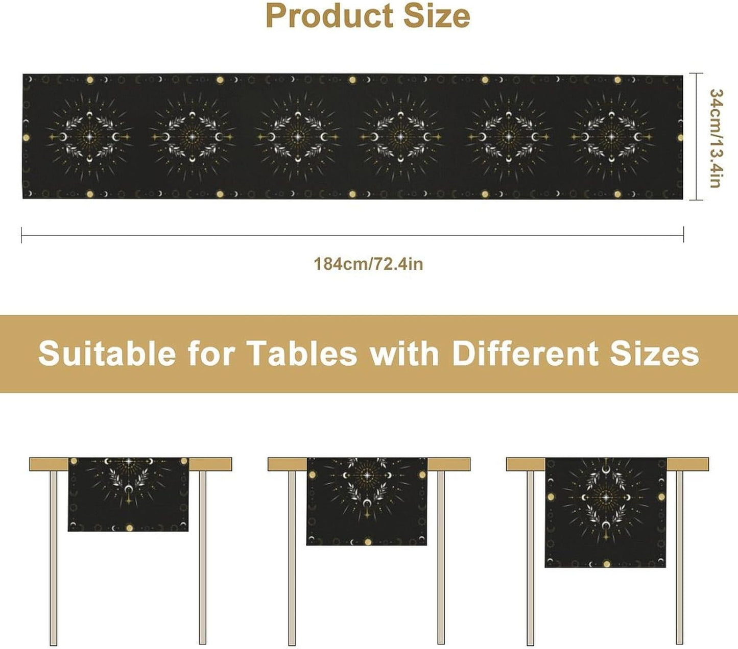 Sun Moon Table Runner, Magical Leaves Mysterious Western Traditional Elements Black White Table Runner for Party Living Room Home Kitchen Dinner Table Runner 13x120 Inch