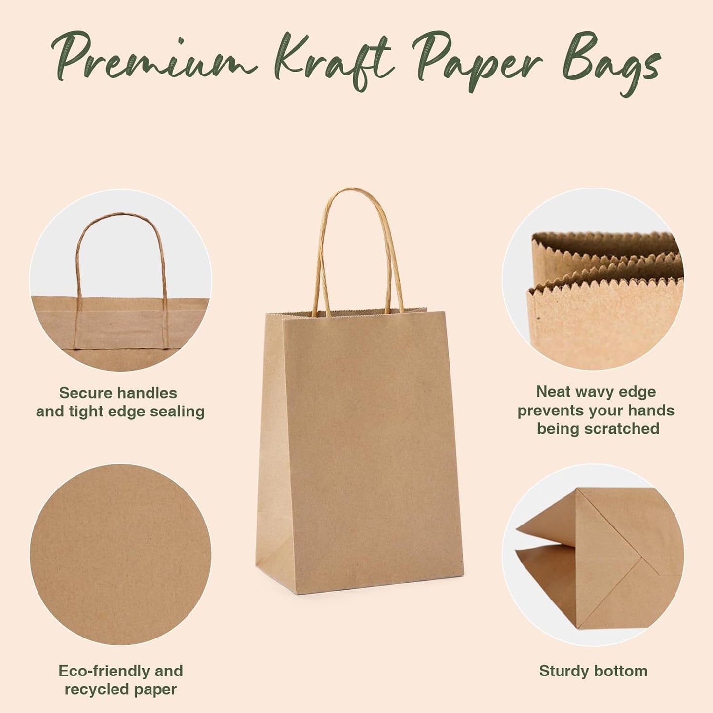 GSSUSA 100 Pack Paper Gift Bags 5.25x3.75x8 Inch Small Brown Paper Bags with Handles Bulk, Brown Kraft Bag for Small Business, Sturdy Grocery Retail Shopping Birthday Party Favor Craft Bag （Made in USA）