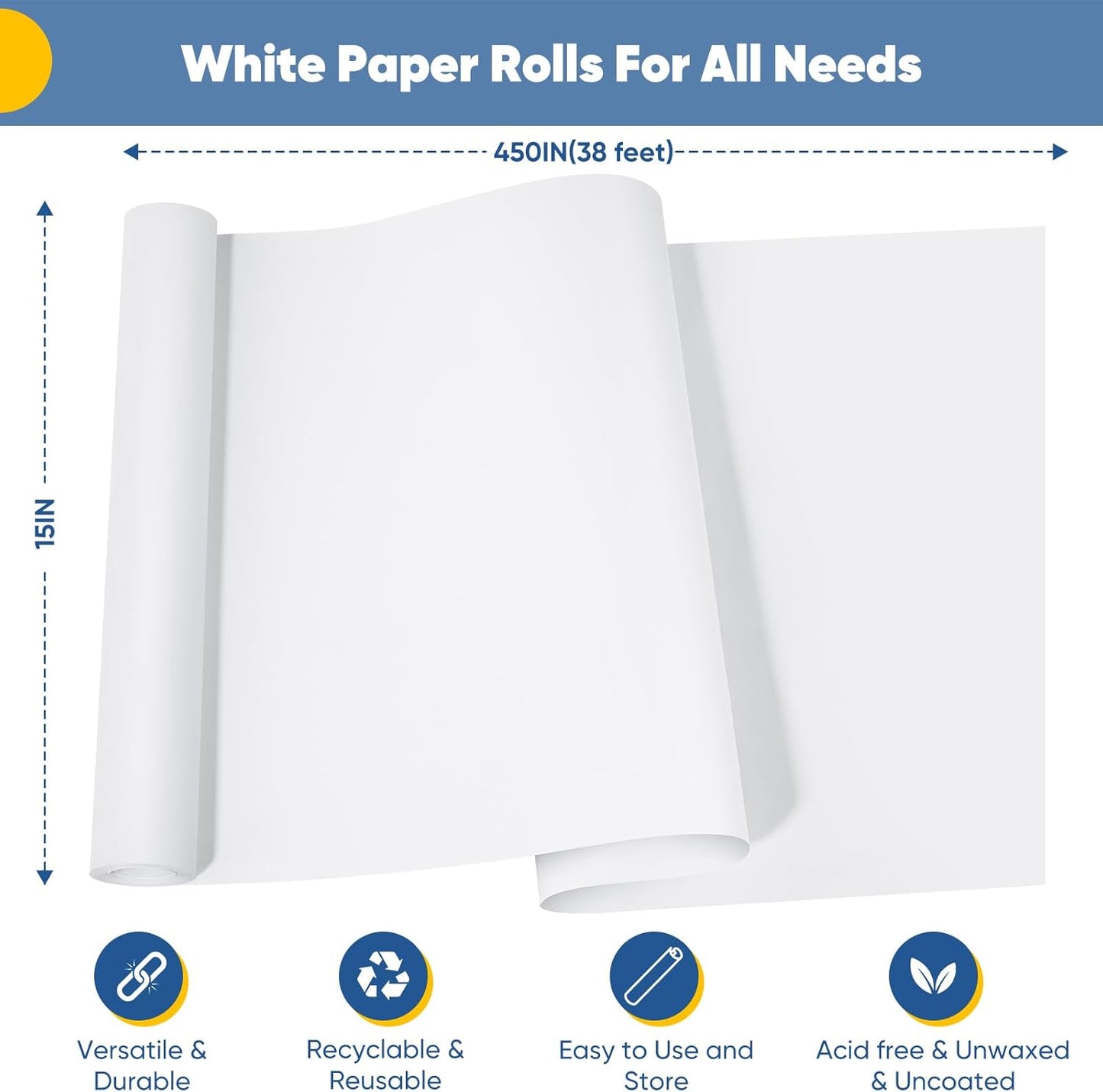 White Wrapping Paper Craft Paper Kraft Paper Roll 15" x 450", Bulletin Board Paper, Arts & Crafts, Gift Wrapping Packing Painting Drawing Paint Easel Poster Chart Decorative Paper, Kids Art Supplies