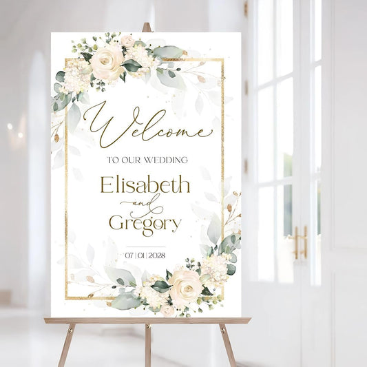 Ivory Wedding Welcome Sign, Cream Beige Floral Wedding Sign