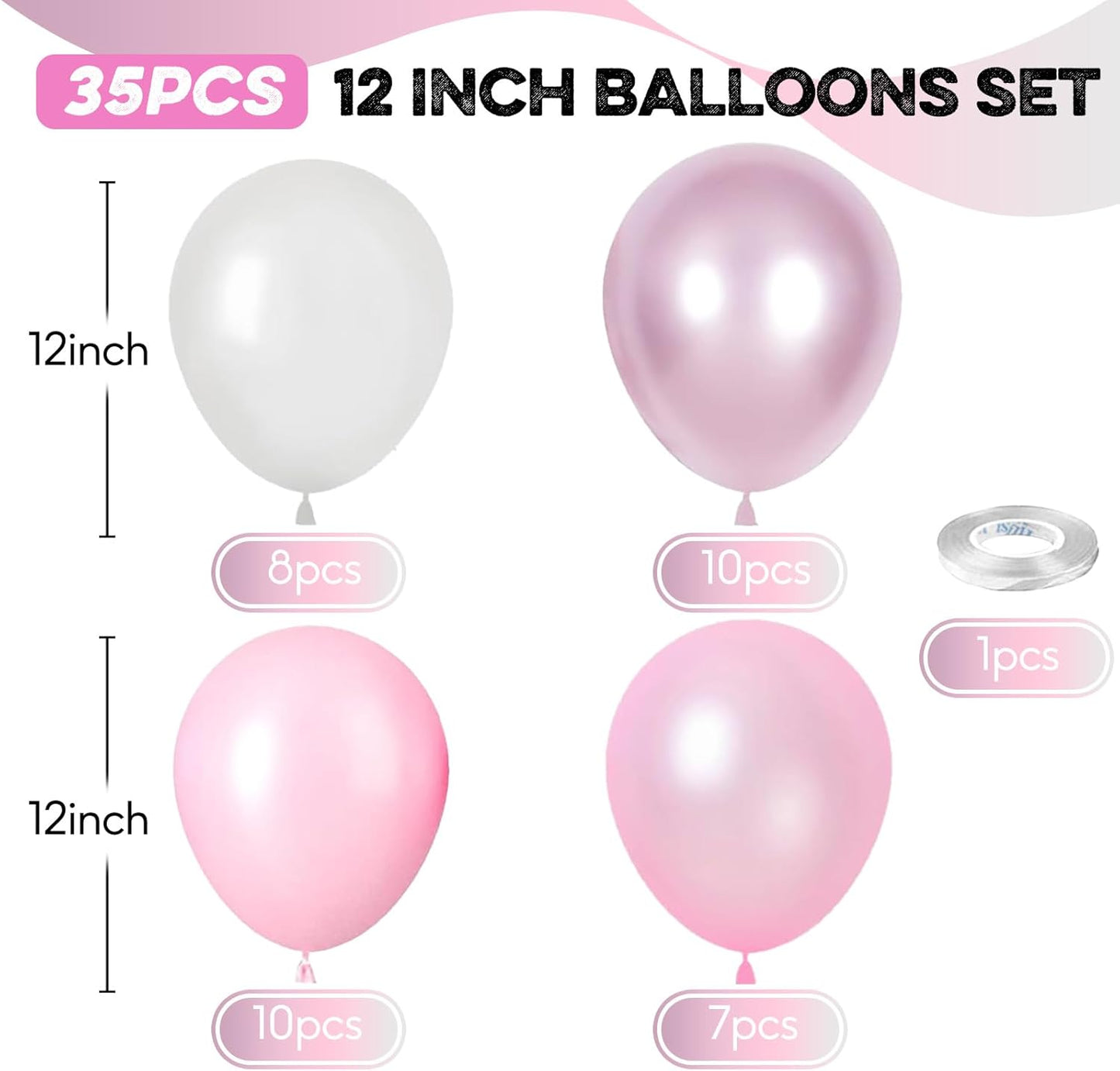 Pink Balloon Set - 12 Inch Metallic, Light Pink and White Latex, Pastel Macaron Pink Party Decoration for Girl Women Birthday, Wedding, Baby Shower, Valentine's Day