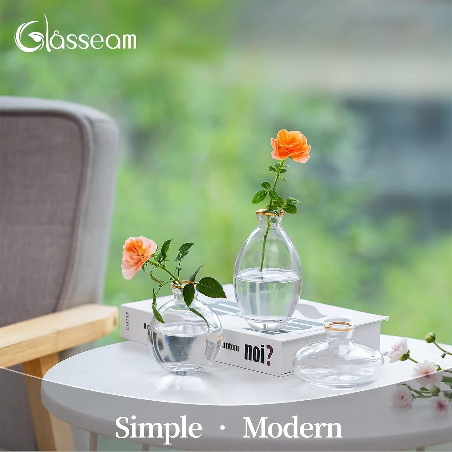 Glass Bud Vase for Centerpieces, 6Pcs/2Sets Glasseam Modern Gold Rim Mini Small Vases for Flowers Bulk Flower Vase Set Aesthetic Cute Handmade Tiny Short Wedding Table Centerpiece Decor