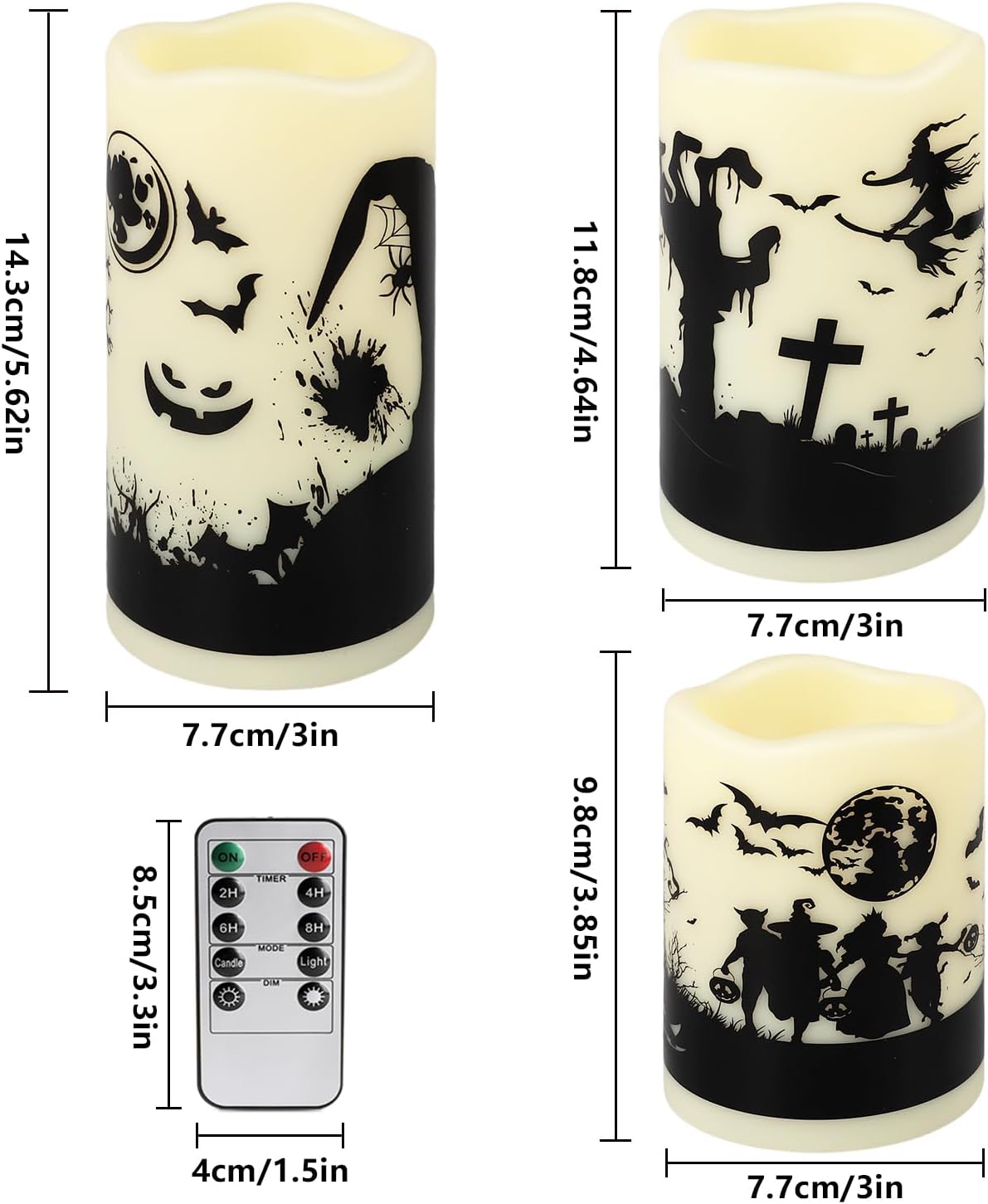 12-Pack Halloween LED Flameless Pillar Candles - Battery Operated with Remote & Timer, Flickering Warm Light, Witch/Bats/Castle Decals - Spooky Halloween Decor, Ghost Party Supplies, Gifts