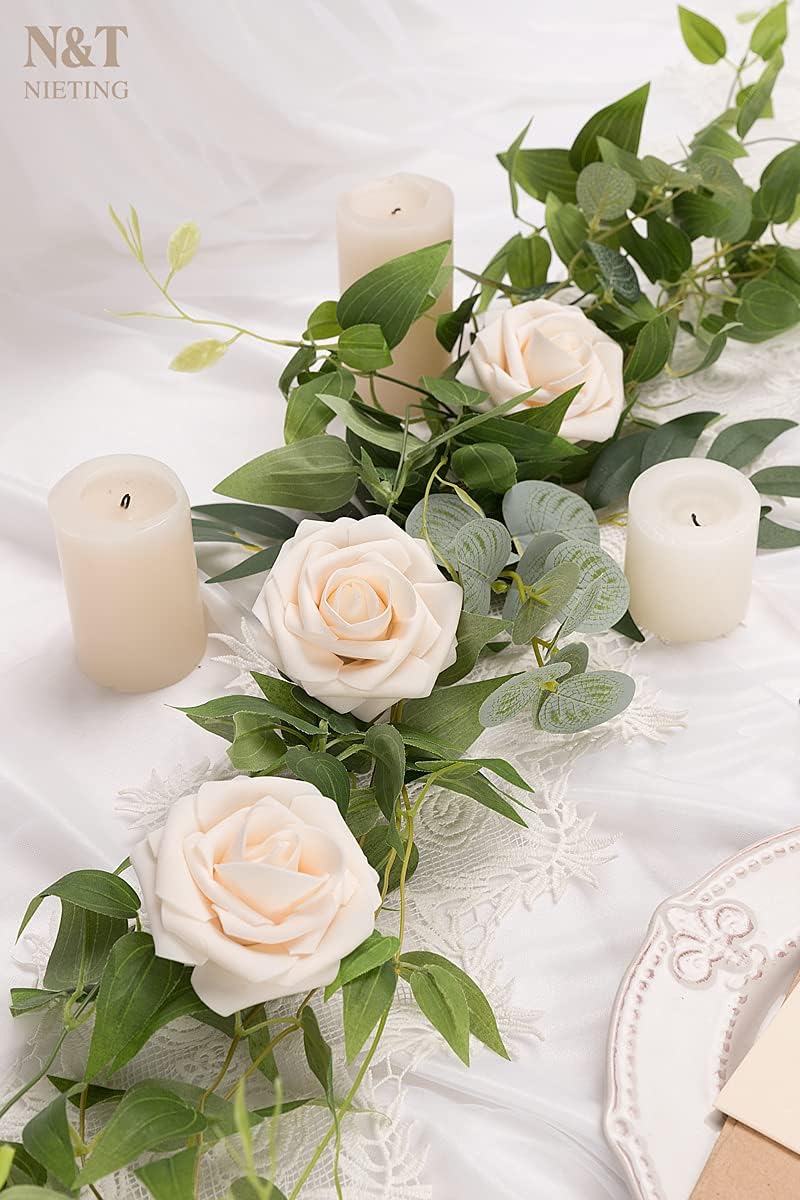 N&T NIETING Artificial Flowers, 25pcs Fake Flowers Bulk Perfect for DIY Fall Wedding Bridesmaid Bridal Bouquets Centerpieces Party Home Flower Arrangement Decoration, Cream Roses