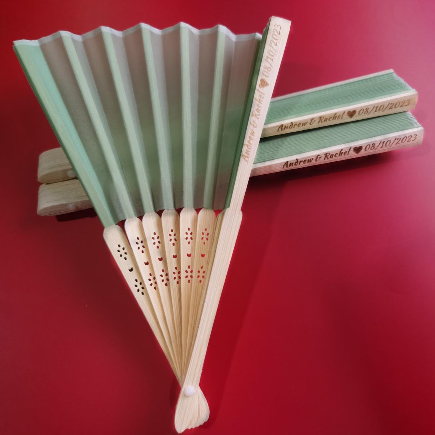 Personalized Wedding Fans Handheld Folding Fans (10Pcs) - Custom Engraved Green Silk Fans for Bridal Shower Favor/Baby Shower Favor, Birthdays Party Gifts/Gifts for Party Guests