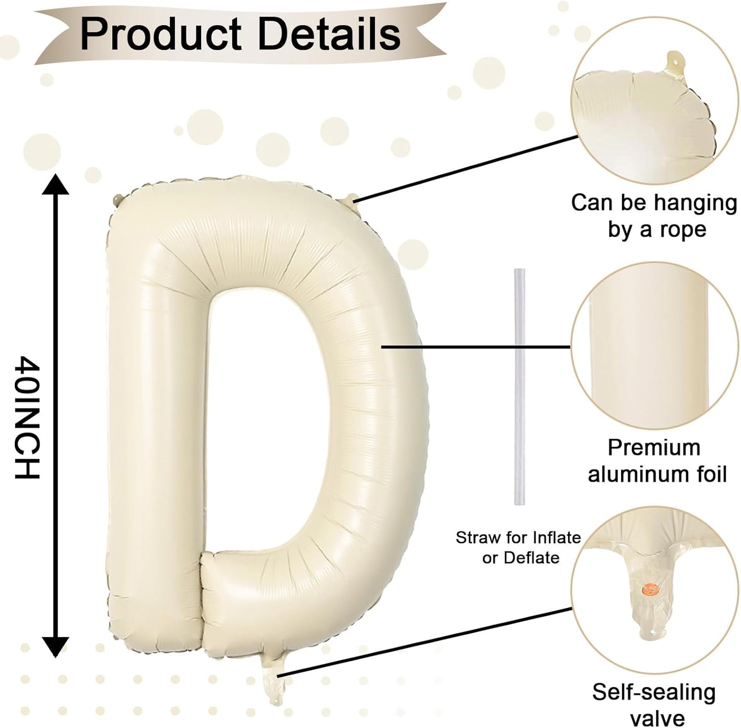 40 Inch Letter Balloons D, Big Custom A-Z Alphabet Foil Name Balloon Cream White, Self Inflating Beige Customize Helium Balloon Letters D for Women Girls Birthday Bride Baby Shower Party Decorations