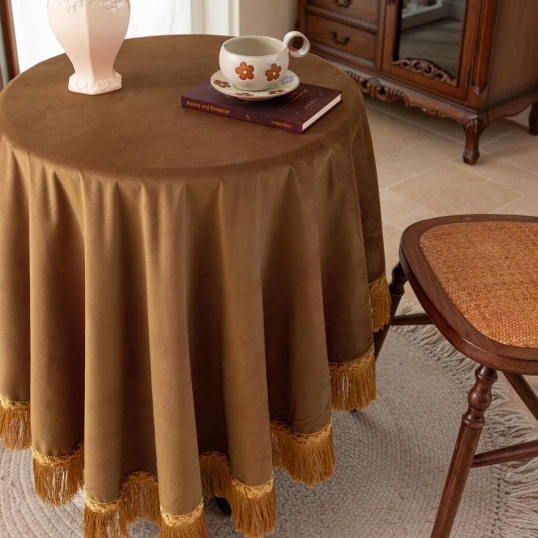 F-CHU Luxury Camel Tablecloth Thickset Velvet Tablecloth with Beautiful Gold Tassels Vintage Table Cloth for Home Decor Wedding, Party, Banquet and Events 48" Round