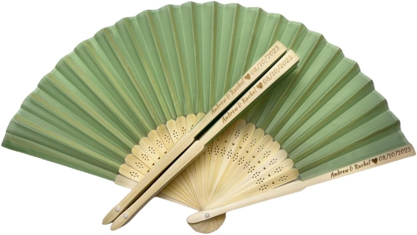 Personalized Wedding Fans Handheld Folding Fans (128Pcs) - Custom Engraved Green Silk Fans for Bridal Shower Favor/Baby Shower Favor, Birthdays Party Gifts/Gifts for Party Guests