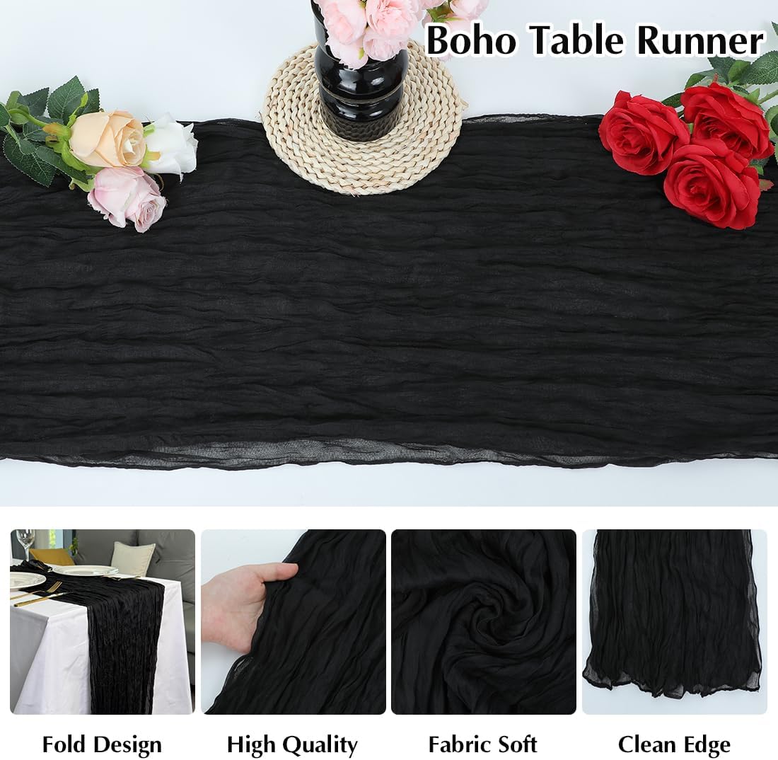 10 Pack Black Cheesecloth Table Runner -21*120Inch Long Boho Wedding Table Decor, Rustic Gauze Fabric Runner for Bridal Showers, Baby Showers & Parties (Sheer, Lightweight, Wrinkled Design)