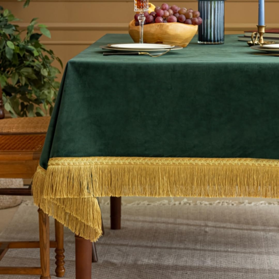 F-CHU Luxury Dark Green Tablecloth Thickset Velvet Tablecloth with Beautiful Gold Tassels Vintage Table Cloth for Home Decor Wedding, Party, Banquet and Events 67x120-Inch