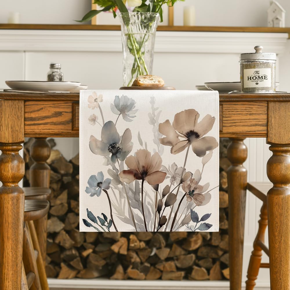 Artoid Mode Brown Poppy Floral Leaves Spring Table Runner, Seasonal Summer Kitchen Dining Table Decoration for Home Party Decor 13x60 Inch