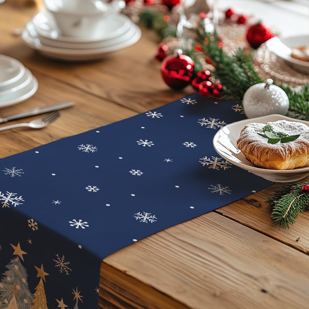 GEEORY Christmas Table Runner 13x60 Inch, Xmas Trees Snowflakes Holiday Decorative Farmhouse Table Decoration for Kitchen Dinning, Indoor Outdoor Dinner Party Decor (Blue) GT151-60