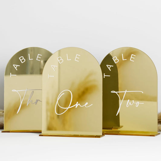 Gold Mirror Arch Wedding Table Numbers 1-25 with Stands, 5x7 Inch Acrylic Arch Sign with Holder, Gold Mirror Arched Acrylic Table Numbers for Wedding Reception(1-25, 5"x7")
