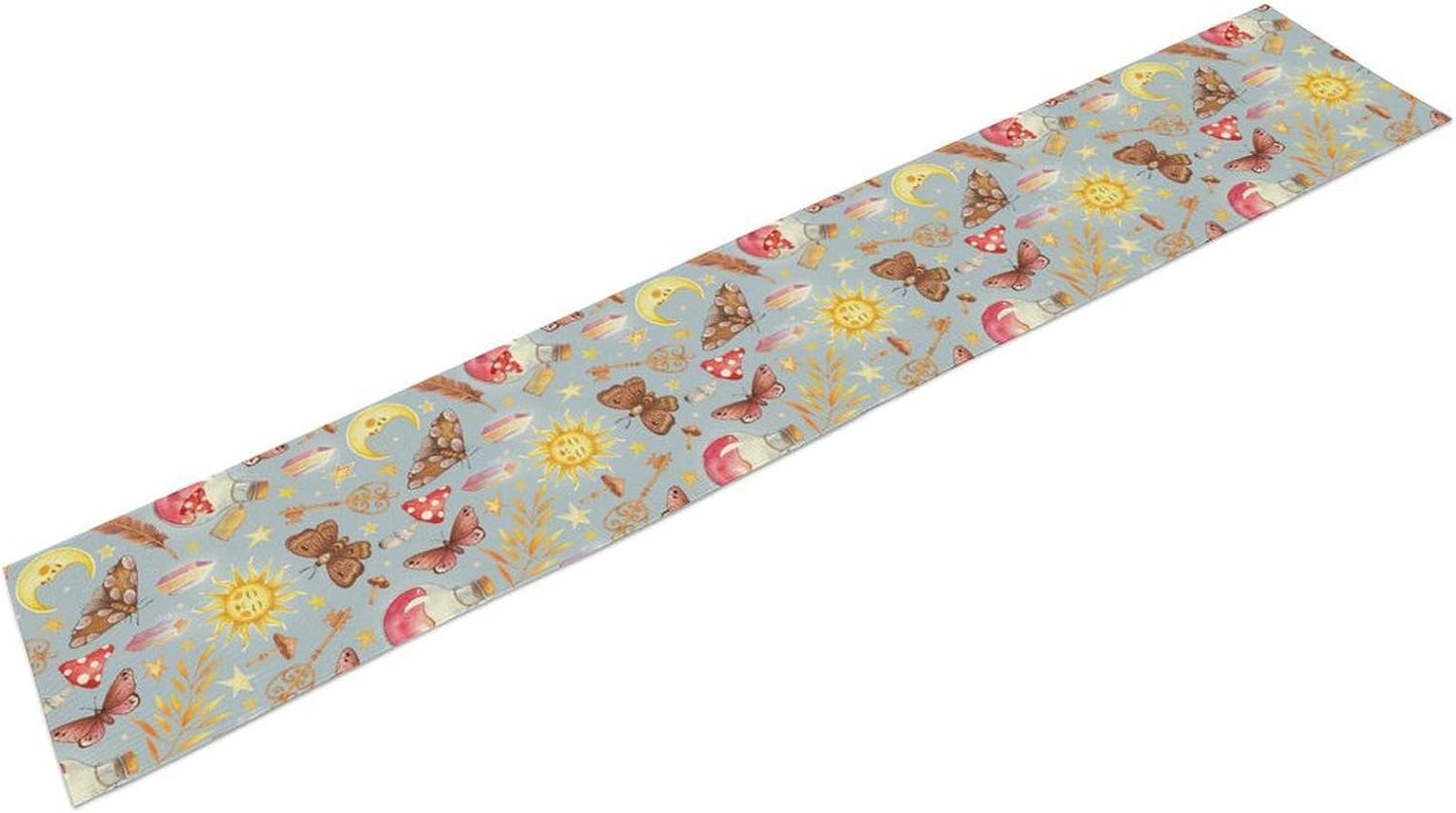 Boho Sun Moon Table Runner Mystical Rustic Butterfly Mushroom Star Table Runner for Kitchen Living Room Dinner Holiday 13x90 Inch