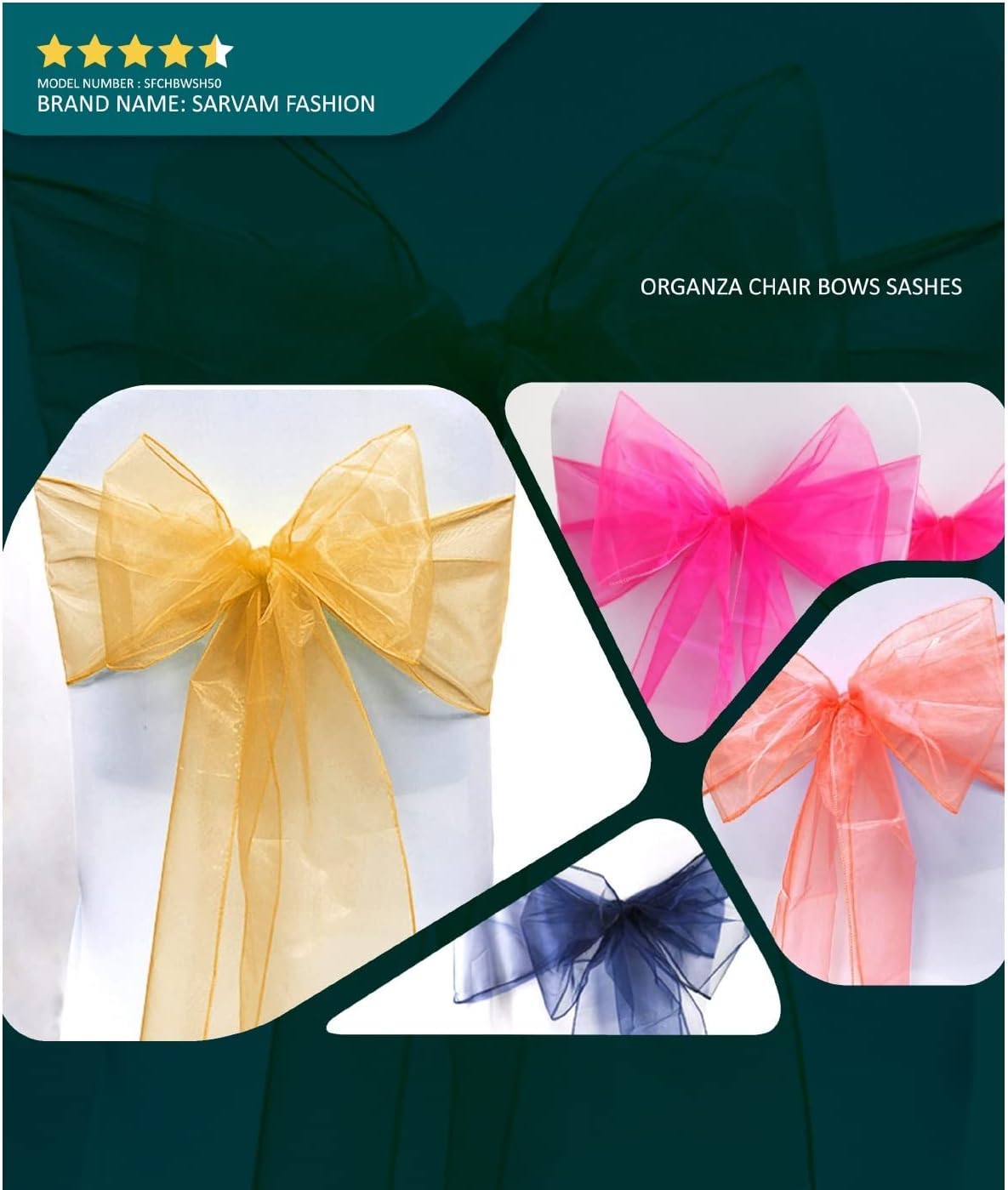 Organza Chair Bow Sash Décor Bows Sashes for Wedding Reception Events Banquets Decoration - (Pack of 25, Golden)