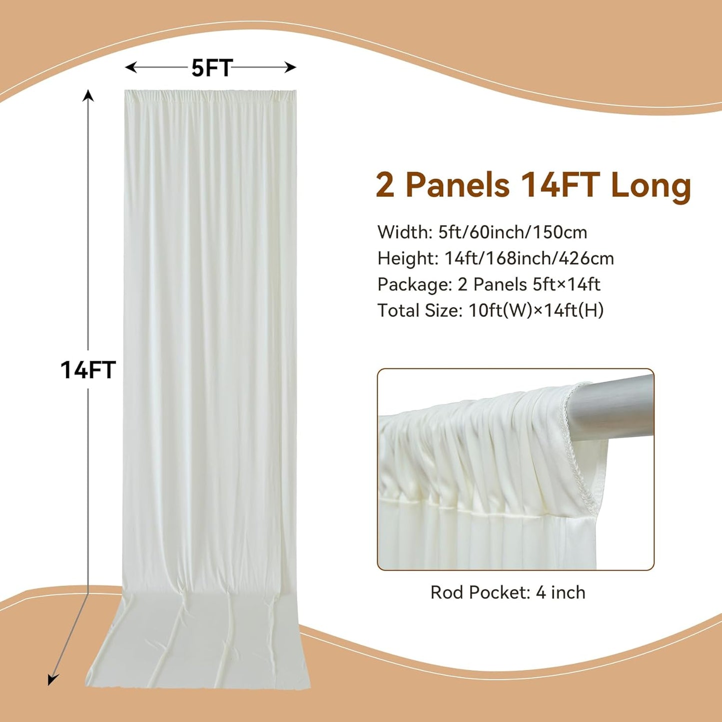 10×14ft Wrinkle Free Ivory Backdrop Curtain, Soft Silky Easy to Drape Cream Wedding Drapes for Backdrop, 2 Panels 5×14ft Photo Backdrop Curtains for Parties Birthday Photography Background Cloth