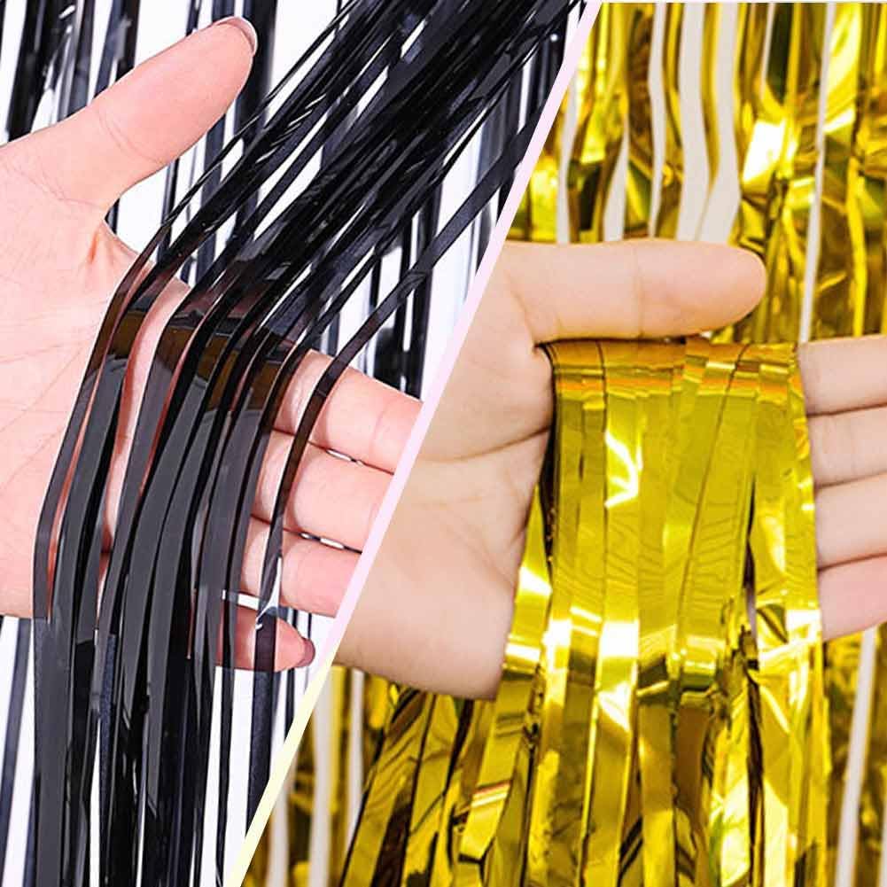 Black and Gold Party Decorations - 4Pack 3.2x8.2ft Black and Gold Foil Fringe Curtains for Birthday Party Decorations