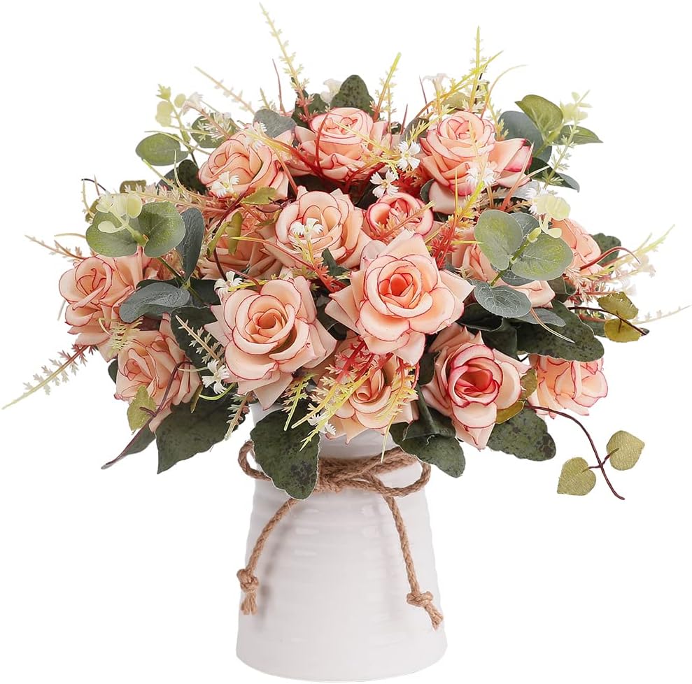 LESING Artificial Rose with Vase,Fake Silk Flowers Bouquets in Vase Table Centerpiece Arrangement for Kitchen Living Room (Pink-1)