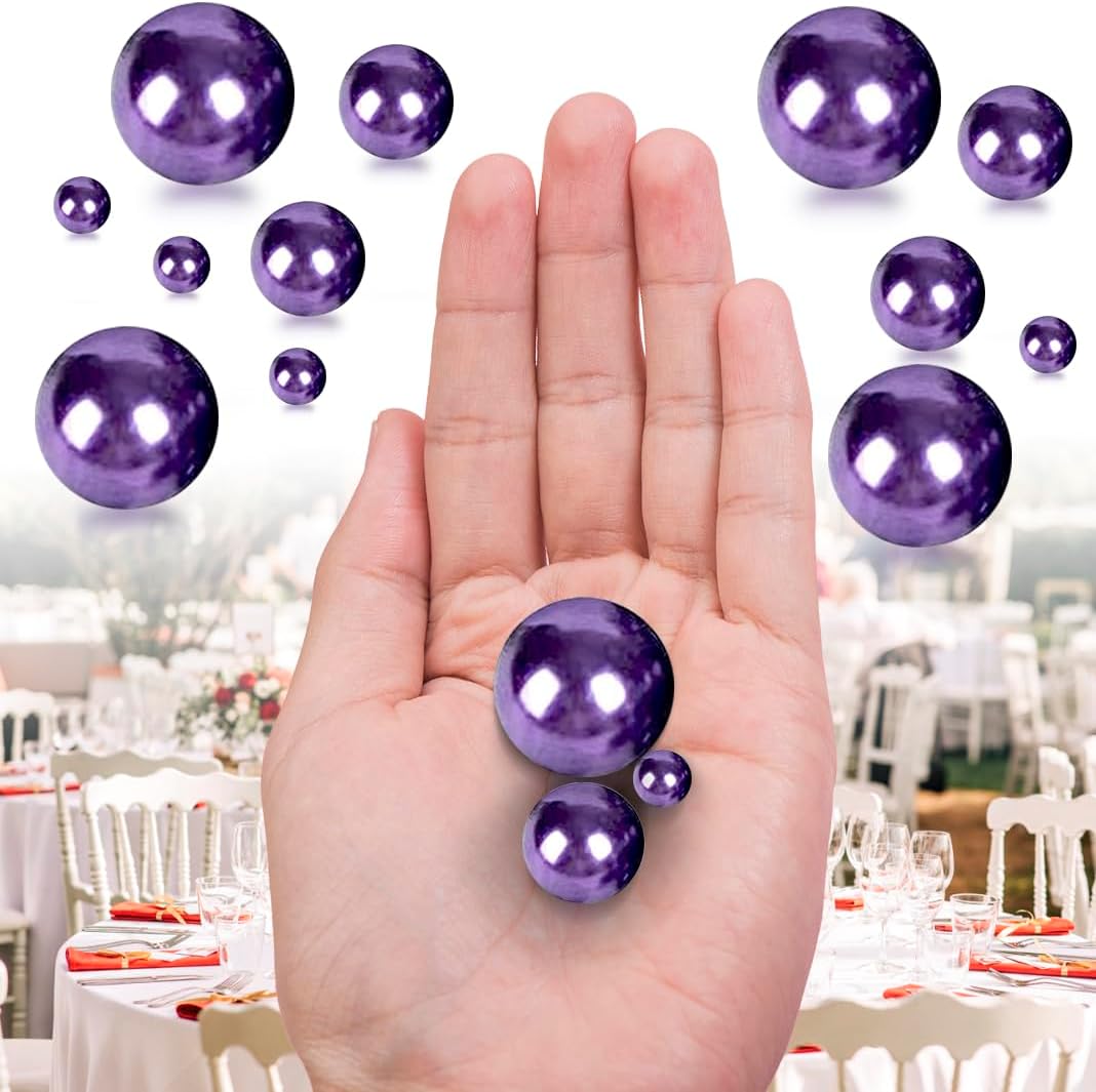 150Pcs Dark Purple Polished No Hole Faux Pearl Beads for Vase Filling Decorations, Plastic Pearls Vase Fillers, Table Scatters, Wedding Centerpiece, Home Decor, 8/14/20 mm