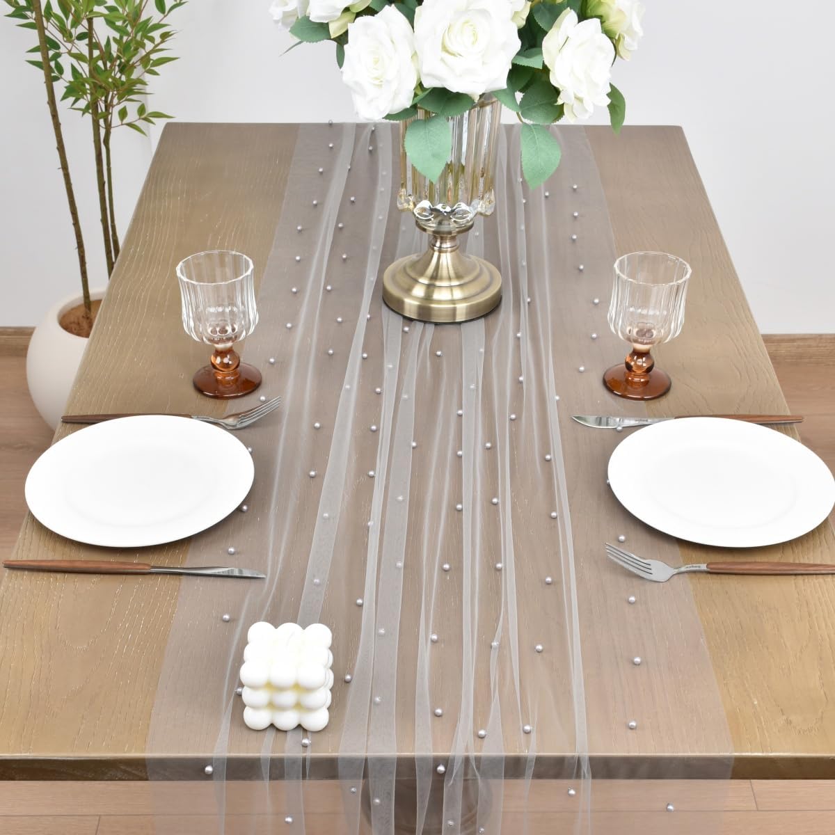 Joanlody Fall Pearl Table Runner 10ft Rustic Boho Tulle Table Runner with Pearls for Baby Shower Wedding Party Veil Dessert Thanksgiving Table Decor Gray 4pcs