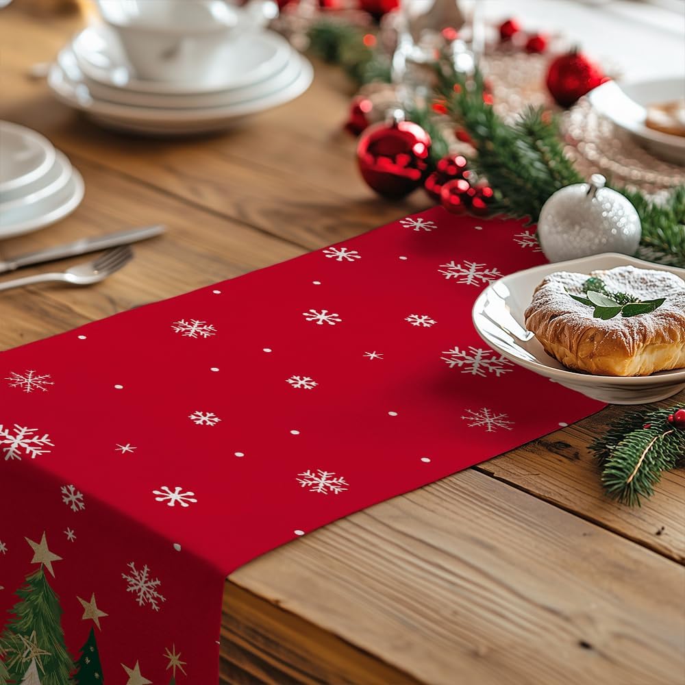 GEEORY Christmas Table Runner 13x36 Inch, Xmas Trees Snowflakes Holiday Decorative Farmhouse Table Decoration for Kitchen Dinning, Indoor Outdoor Dinner Party Decor (Red) GT150-36