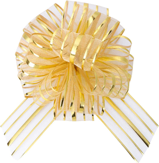 12 Pcs 6 Inch Large Organza Pull Bow Ribbon – Elegant Gift Bows for Wedding Decorations, Christmas Wrapping, Birthday Parties, Car Decor, Gift Baskets, and Valentine's Day Packaging(Golden)