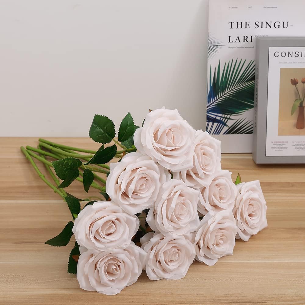 Artificial Rose 10pcs Open Flower Bouquet Faux Rose Stems for Wedding Arrangement, Bridal Bouquet, Centerpiece, Fake Faux Silk Flowers (Nude)