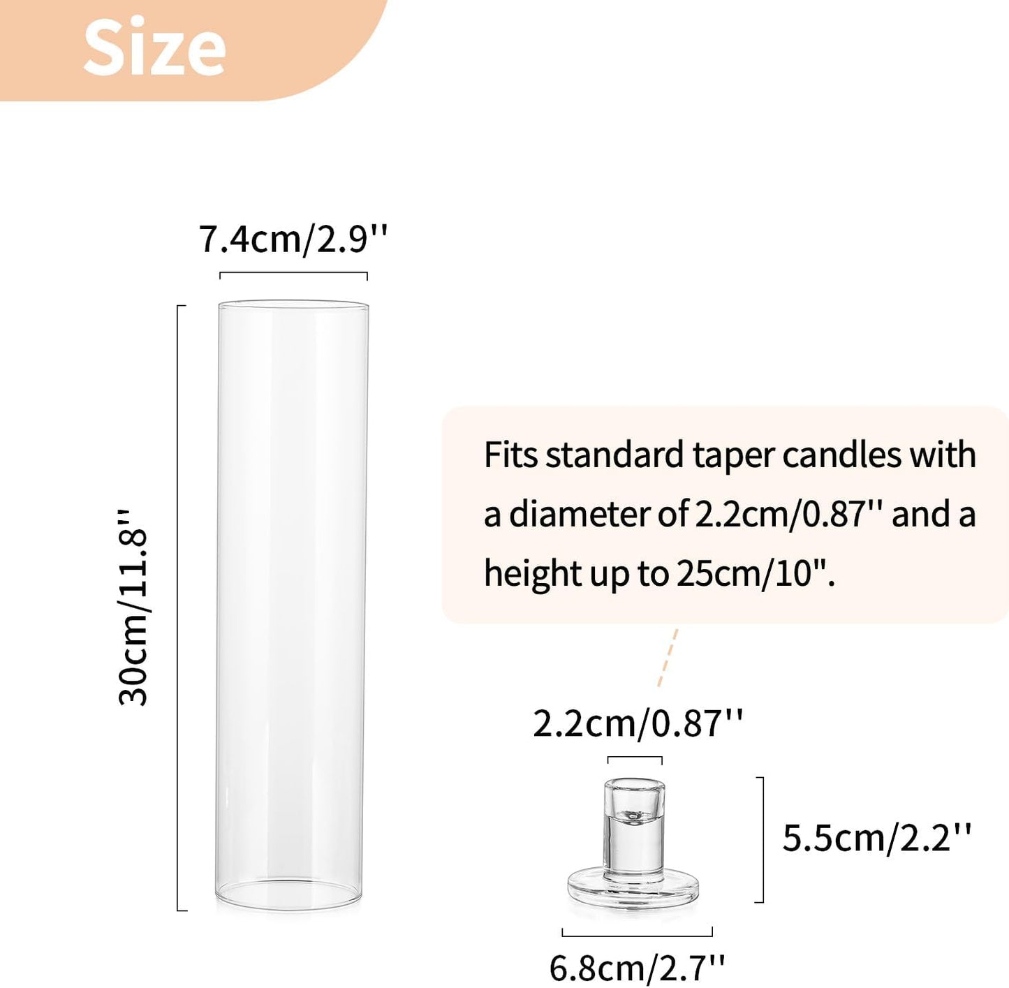 NUPTIO Candle Stick Candle Holder: Clear Glass Hurricane Candlestick Holders - Set of 6 Modern Taper Candle Stand with 11.8 inch Long Chimney Cover for Thanksgiving Christmas Fireplace Table Decor