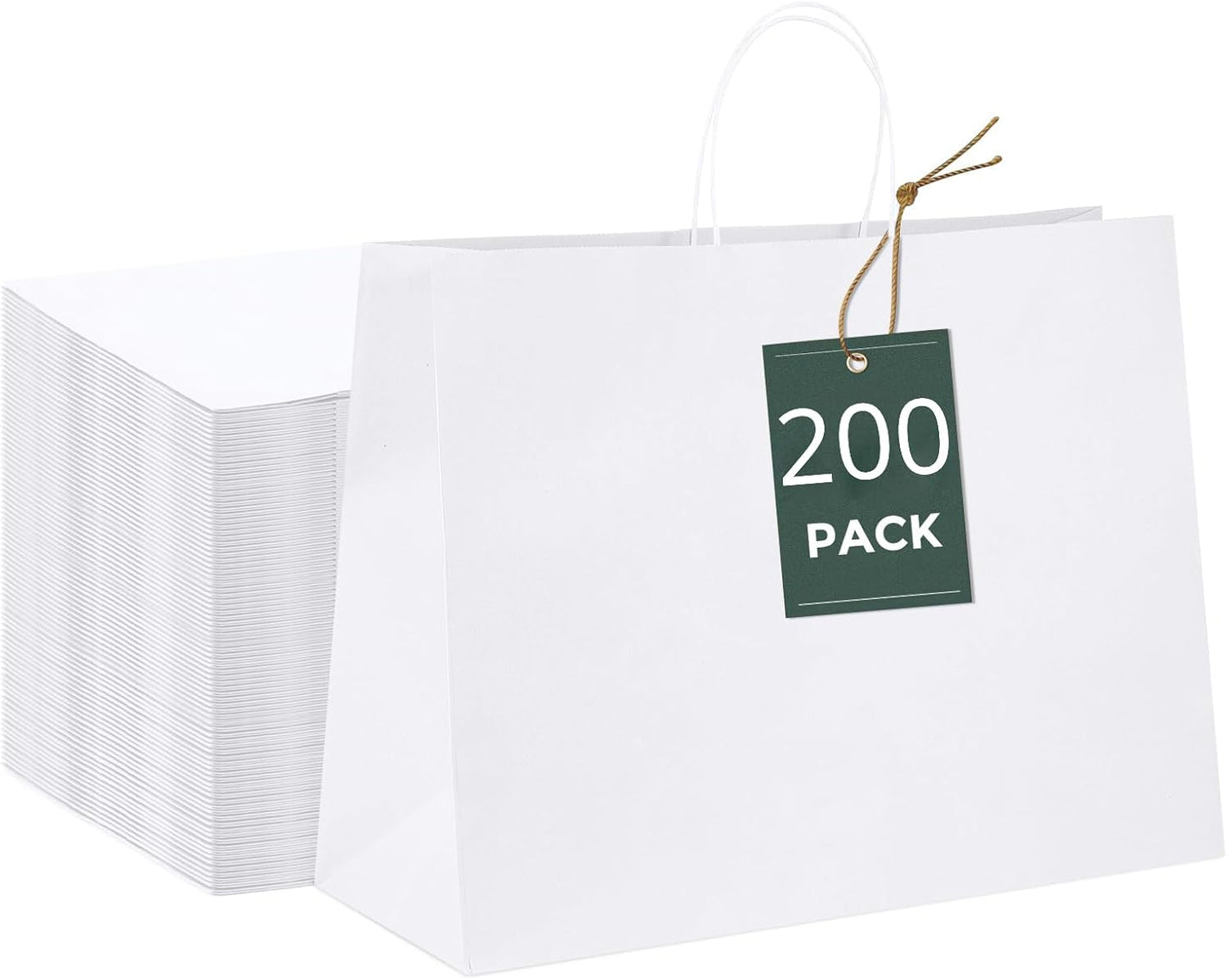 GSSUSA 16x6x12 Inches Large Paper Bags with Handles, 200Pc White Paper Gift Bag, Recyclable Shopping Bags Kraft Paper Bag for Small Business, Party Favor, Craft Bag for Boutique