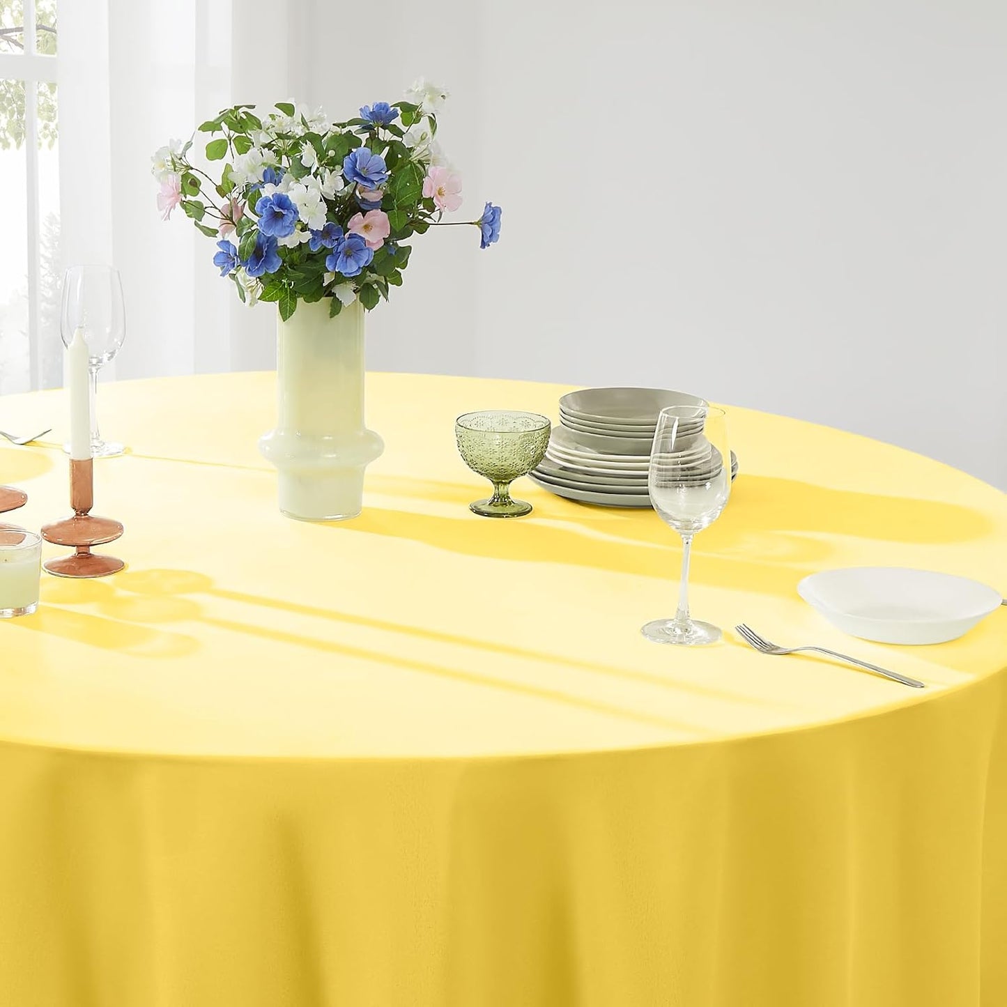 Round Tablecloth 132 Inch 2 Pack Yellow Tablecloths Washable Decorative Linen Polyester Table Clothes Cover for Dining Table Banquets Buffet Parties and Wedding