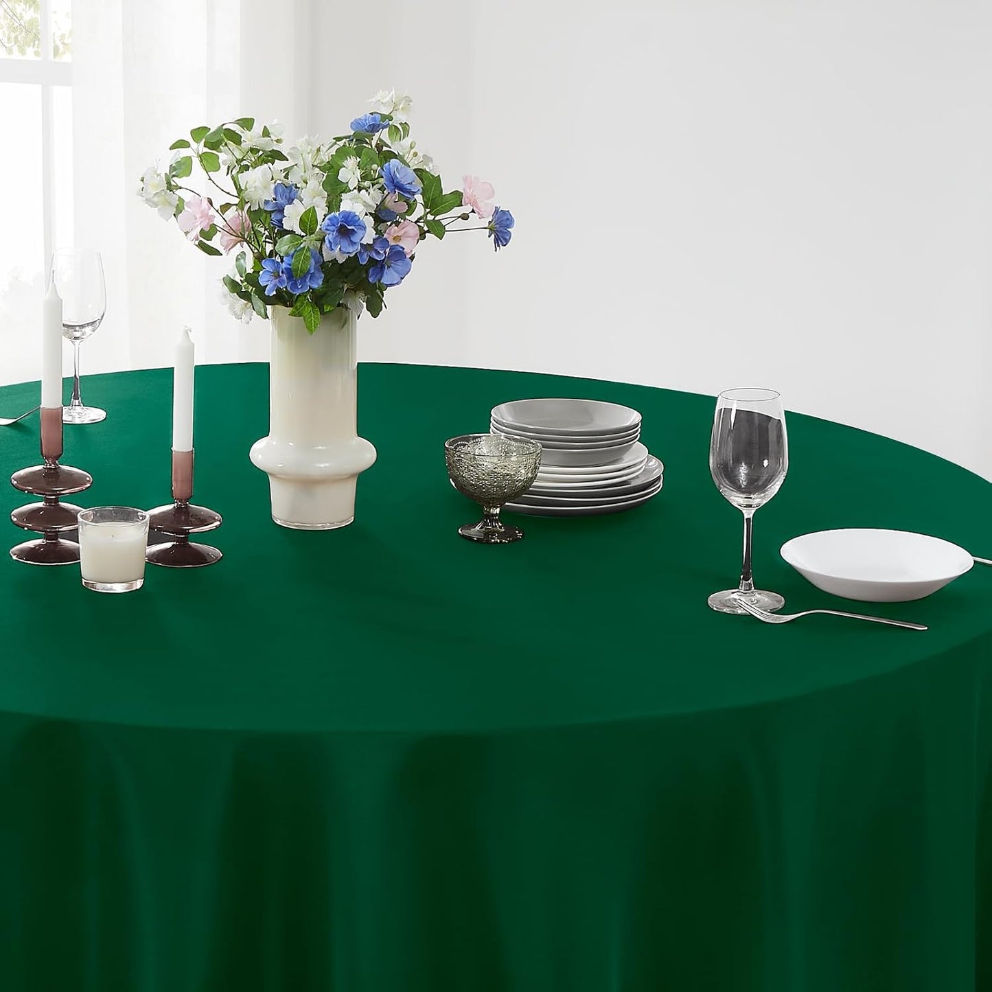 Round Tablecloth 2 Pack 108 Inch Dark Green Tablecloths Washable Decorative Linen Polyester Table Clothes Cover for Dining Table Banquets Buffet Parties and Wedding