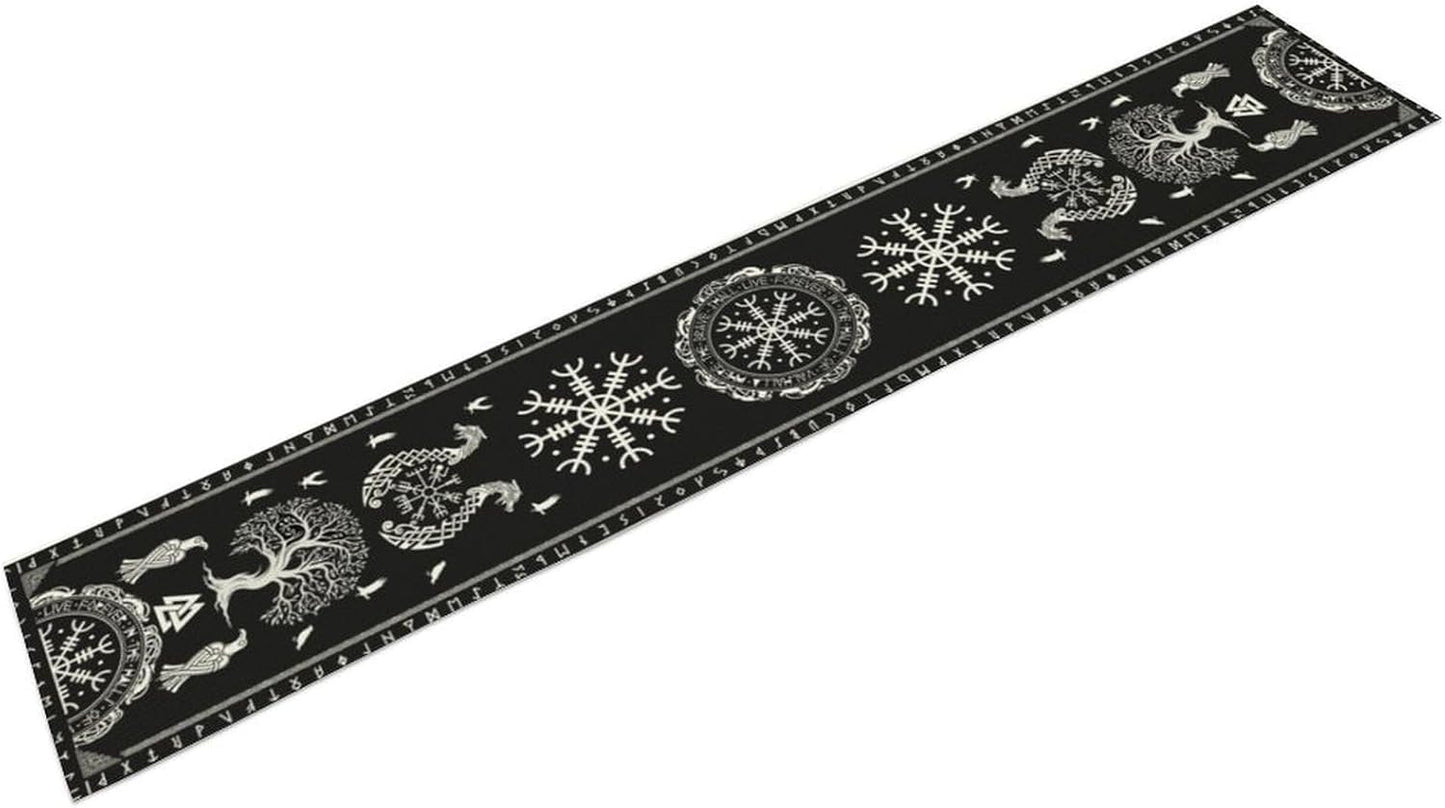 Ancient Abstract Pattern Table Runner, Tree of Life Eagle Dragon Boat Rudder Black and White Table Runner 13x108 Inch