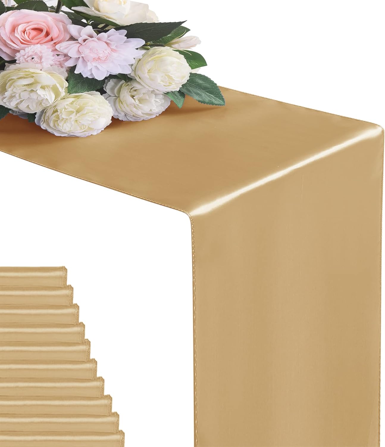 12Pack Table Runner 12 x 108 Inches Satin Silk Table Runner for Wedding, Birthday Party, Banquets, Graduations Decoration, fit Rectange and Round Table-Champagne