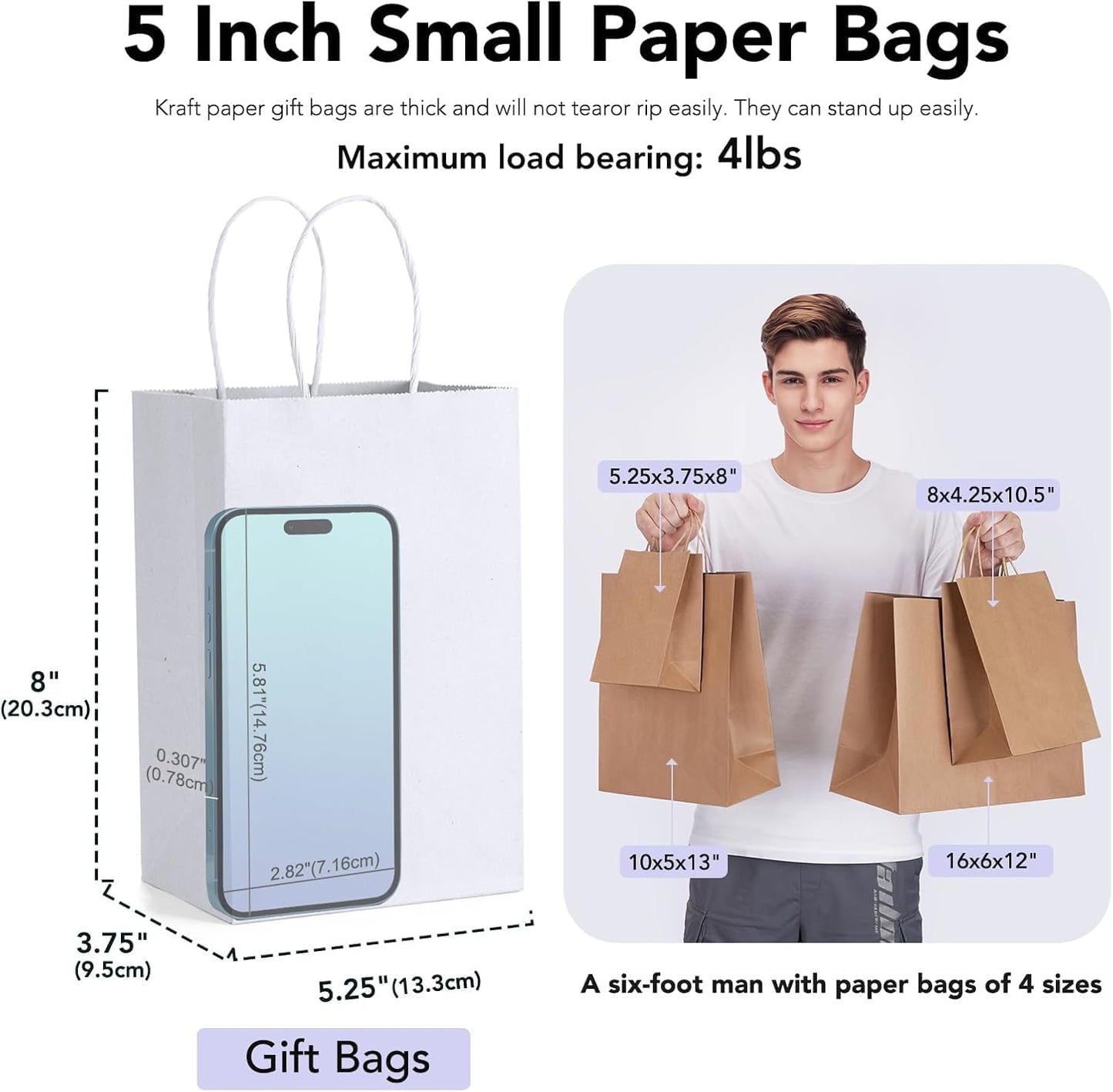 GSSUSA Paper Gift Bags 5.25x3.75x8 Inch 20000 Pack, Valentine's Day Gift Wrap Bags with Handles, White Kraft Paper Bag for Small Business, Heavy Duty Bulk, for Birthday Party Favors, Shopping, Retail
