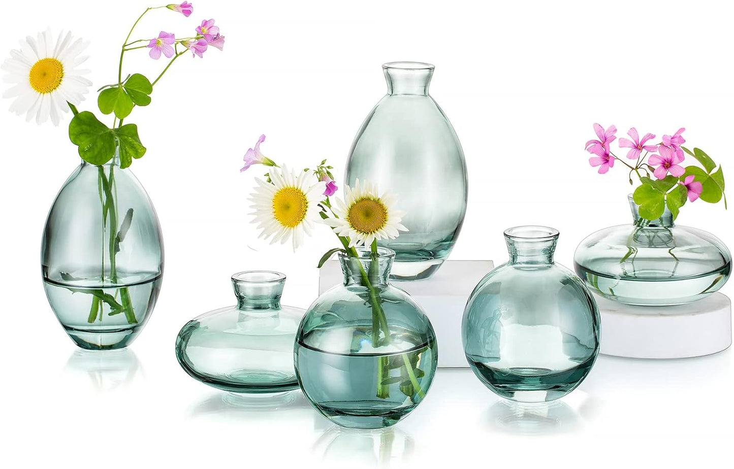 Glass Bud Vases Set of 6, Hewory Cute Green Small Vases Handmade, Mini Glass Flower Vase for Floral Arrangements, Tiny Centerpiece for Home Office Wedding Party Events Table Decor (Not Include Flower)