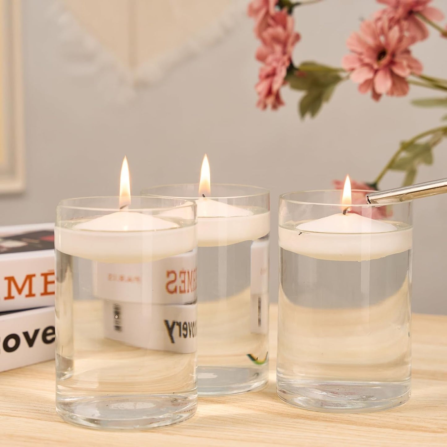 10 Hour Floating Candles, 3'' White Unscented Dripless Wax Discs, for Cylinder Vases, Centerpieces at Wedding, Party, Pool, Holiday (24 Set)