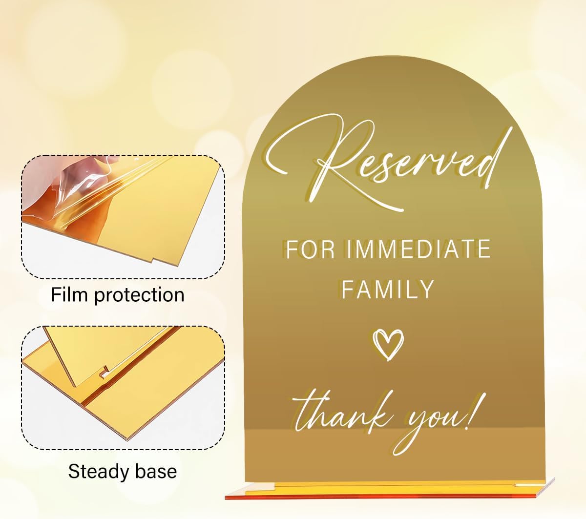 Acrylic Wedding Sign, Bridal Shower Decorations, Reserved for Immediate Family Sign for Ceremony, Modern Font Table Signs, Gold Mirror Arched Acrylic Tabletop Signs for Wedding Reception