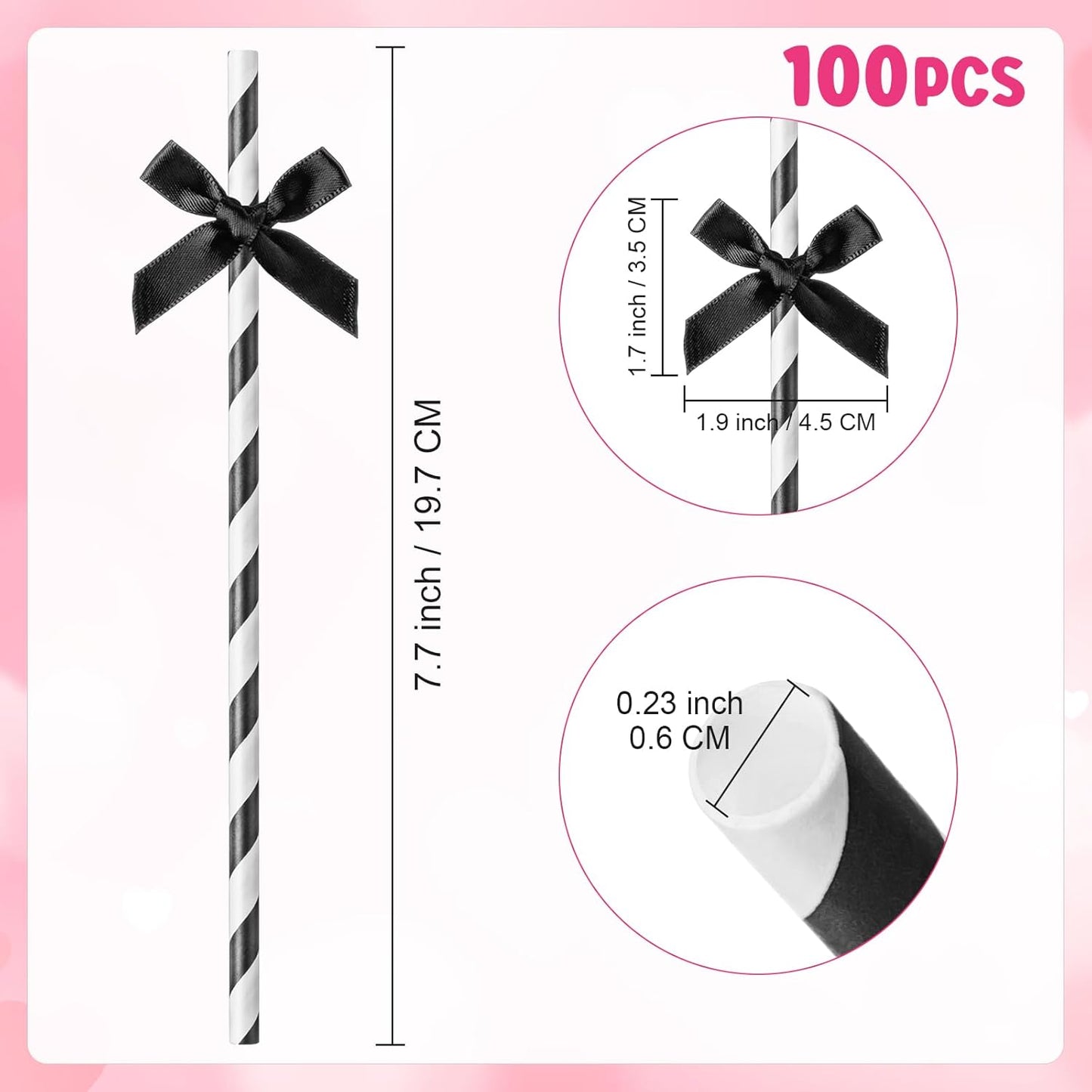 100 Pcs Black Bow Paper Straws for Drinking, Black and White Disposable Striped Paper Straw Bulk Birthday Party Supplies for Wedding Bachelorette Halloween Bridal Shower Party Decorations