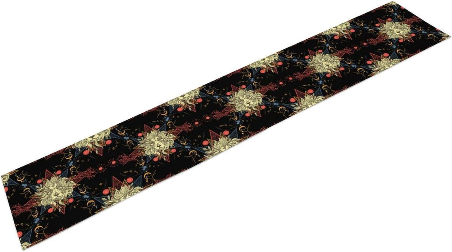 Boho Moon Lion Table Runner, Chinese Fish Phase of The Moon Sun Moon Table Runner for Kitchen Dining Table Home Party,13x90 Inch Black Red