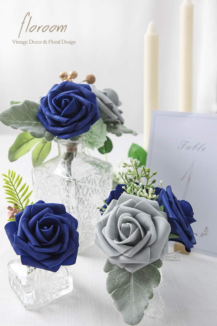 Floroom Artificial Flowers 50pcs Real Looking Silver Grey Foam Fake Roses with Stems for DIY Wedding Bouquets Bridal Shower Centerpieces Floral Arrangements Party Tables Home Decorations