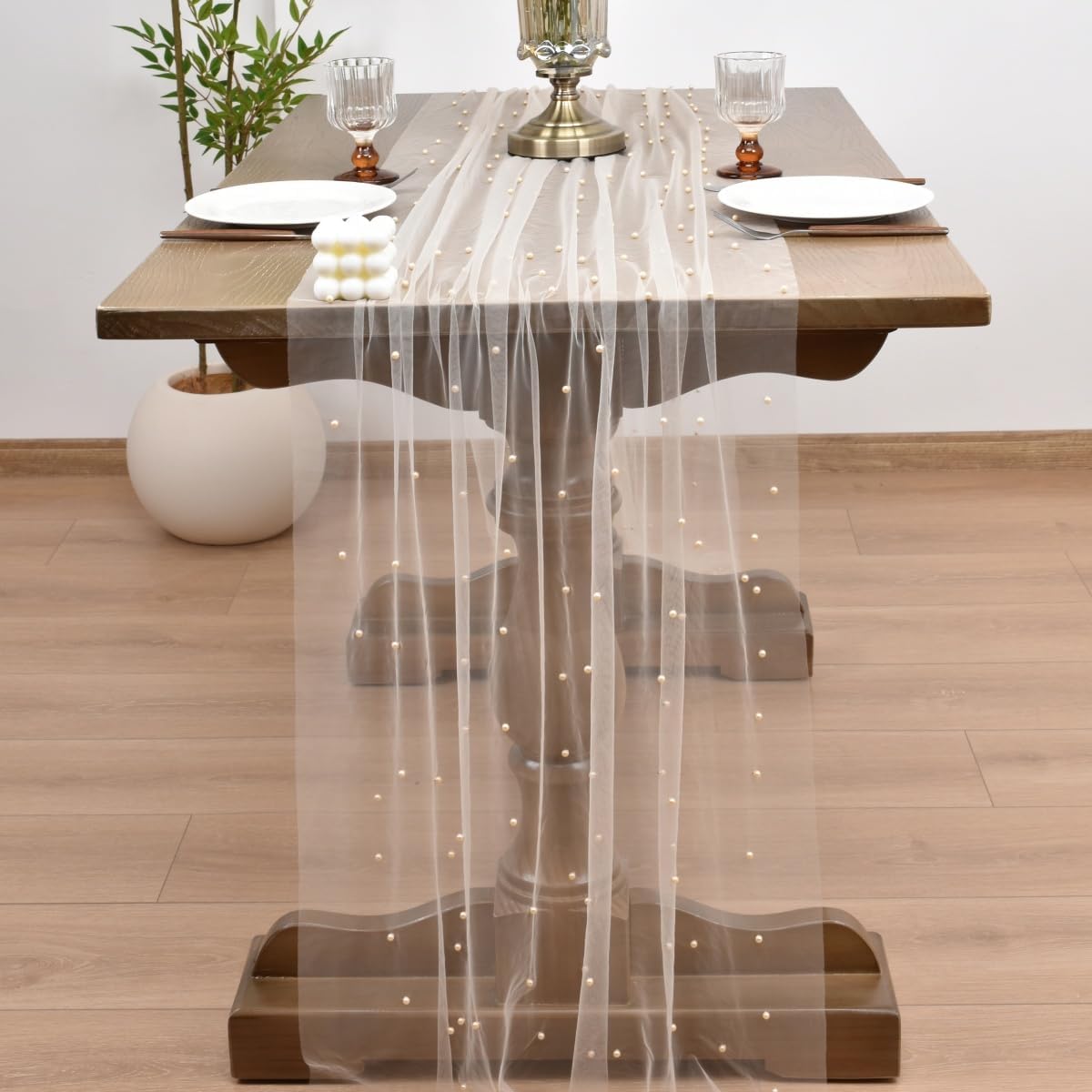 Joanlody Fall Pearl Table Runner 10ft Rustic Boho Tulle Table Runner with Pearls for Baby Shower Wedding Party Veil Dessert Thanksgiving Table Decor Champagne