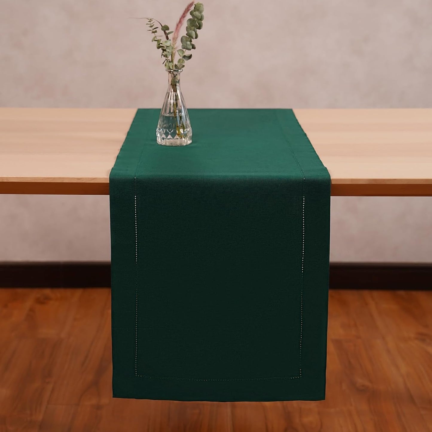 Green Table Runner 36 Inch – Cotton Linen Hemstitch Farmhouse Table Runner 14x36 – Washable Fabric for Dining Table, Spring, Summer, Christmas, Wedding, Everyday Décor – Serena