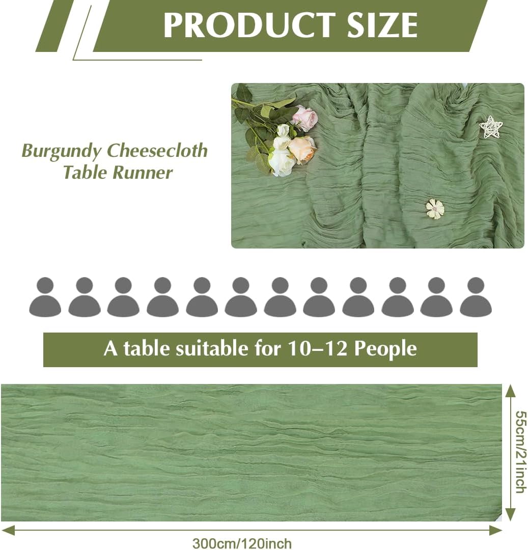 10 Pack Olive Green Cheesecloth Table Runner -21*120Inch Long Boho Wedding Table Decor, Rustic Gauze Fabric Runner for Bridal Showers, Baby Showers & Parties (Sheer, Lightweight, Wrinkled Design)